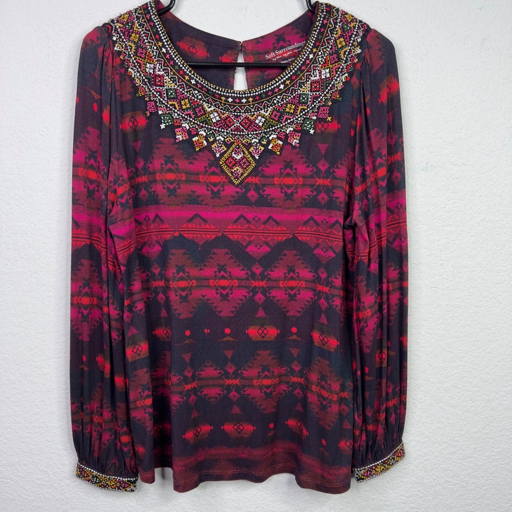 Soft Surroundings Shirt Women Petite M Red Beaded Southwestern Boho Artsy Hippie